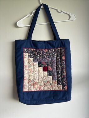 Amish handmade 2001 Quilted Log Cabin Tote Bag Lancaster County Folk Art Blue